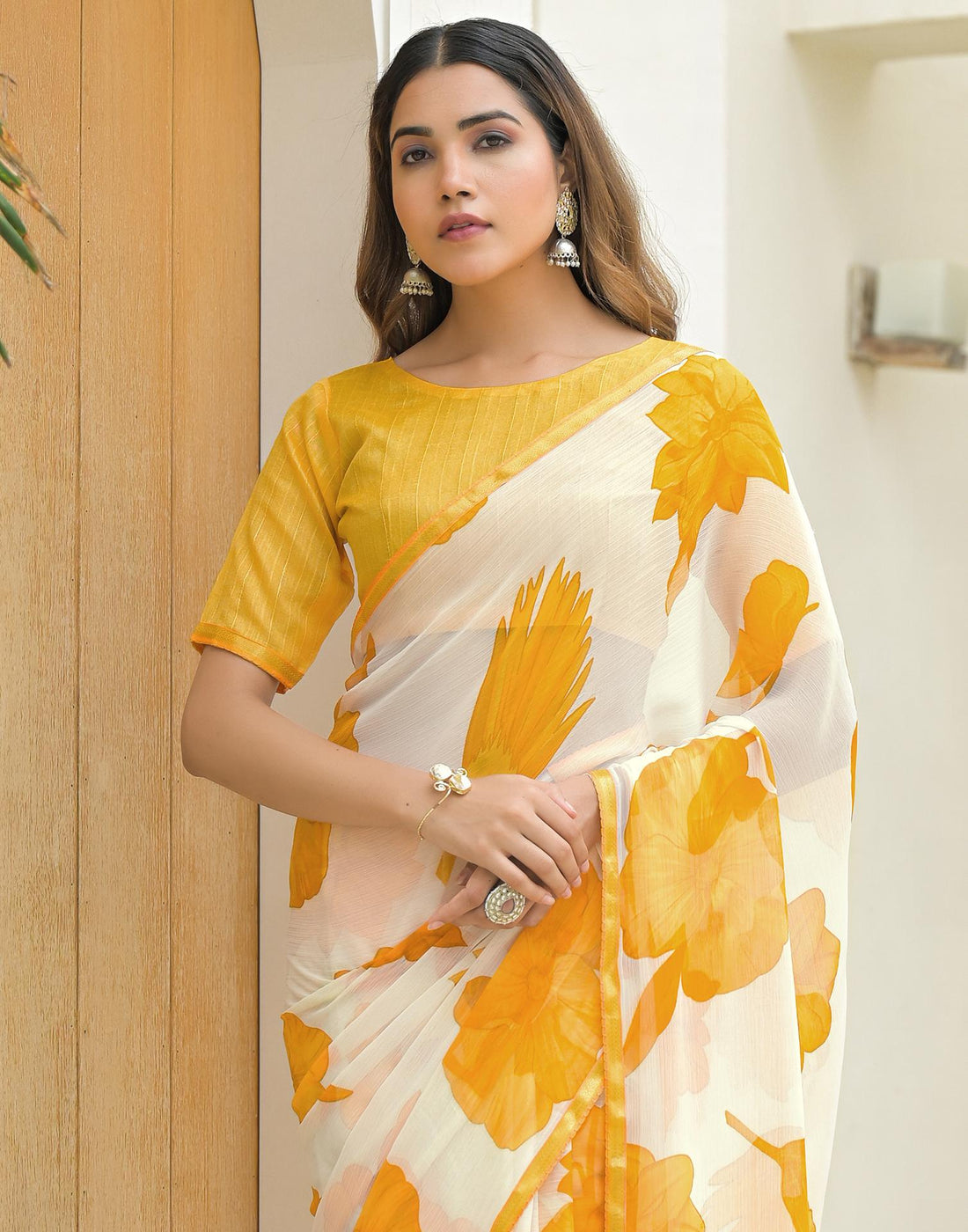 Off White Chiffon Printed Saree