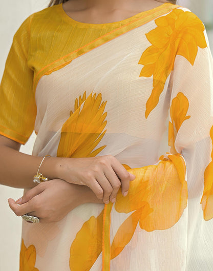 Off White Chiffon Printed Saree