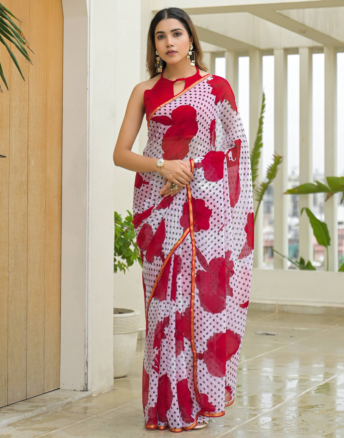 Off White Chiffon Printed Saree