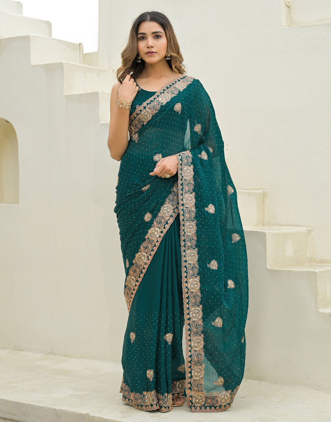 Teal Green Shimmer Embroidery Swarovski Saree
