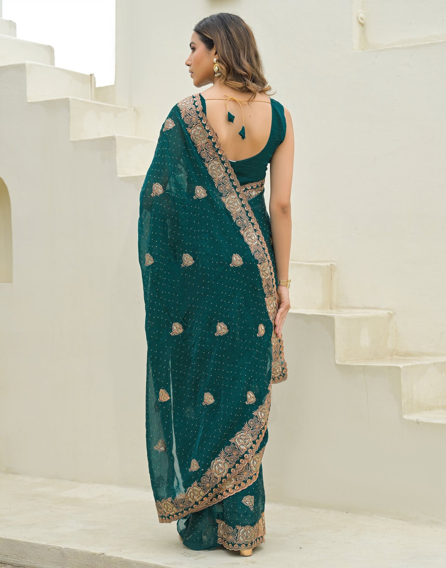 Teal Green Shimmer Embroidery Swarovski Saree