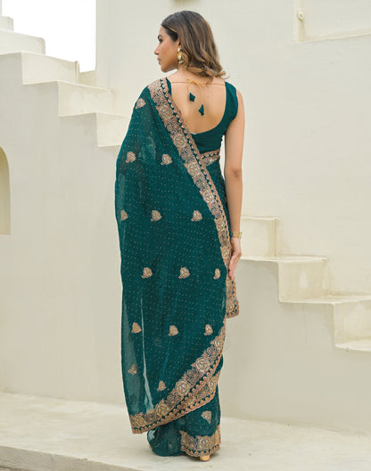 Teal Green Shimmer Embroidery Swarovski Saree