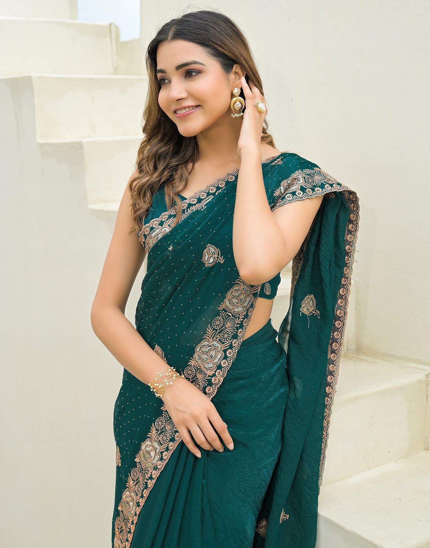 Teal Green Shimmer Embroidery Swarovski Saree