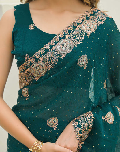 Teal Green Shimmer Embroidery Swarovski Saree