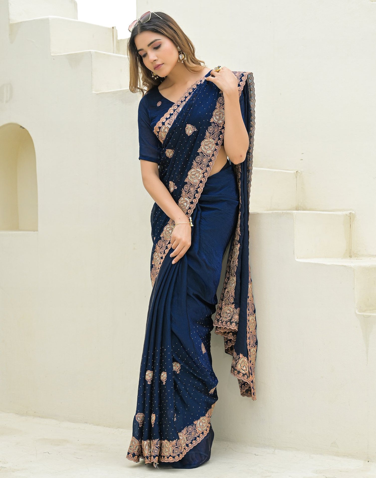 Peacock Blue Shimmer Embroidery Swarovski Saree