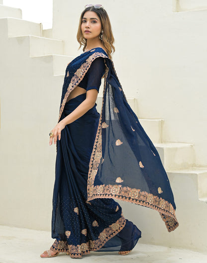 Peacock Blue Shimmer Embroidery Swarovski Saree