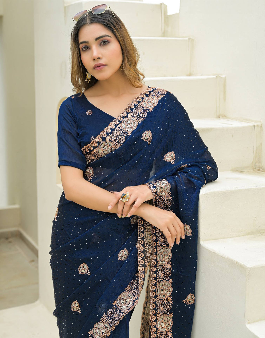Peacock Blue Shimmer Embroidery Swarovski Saree