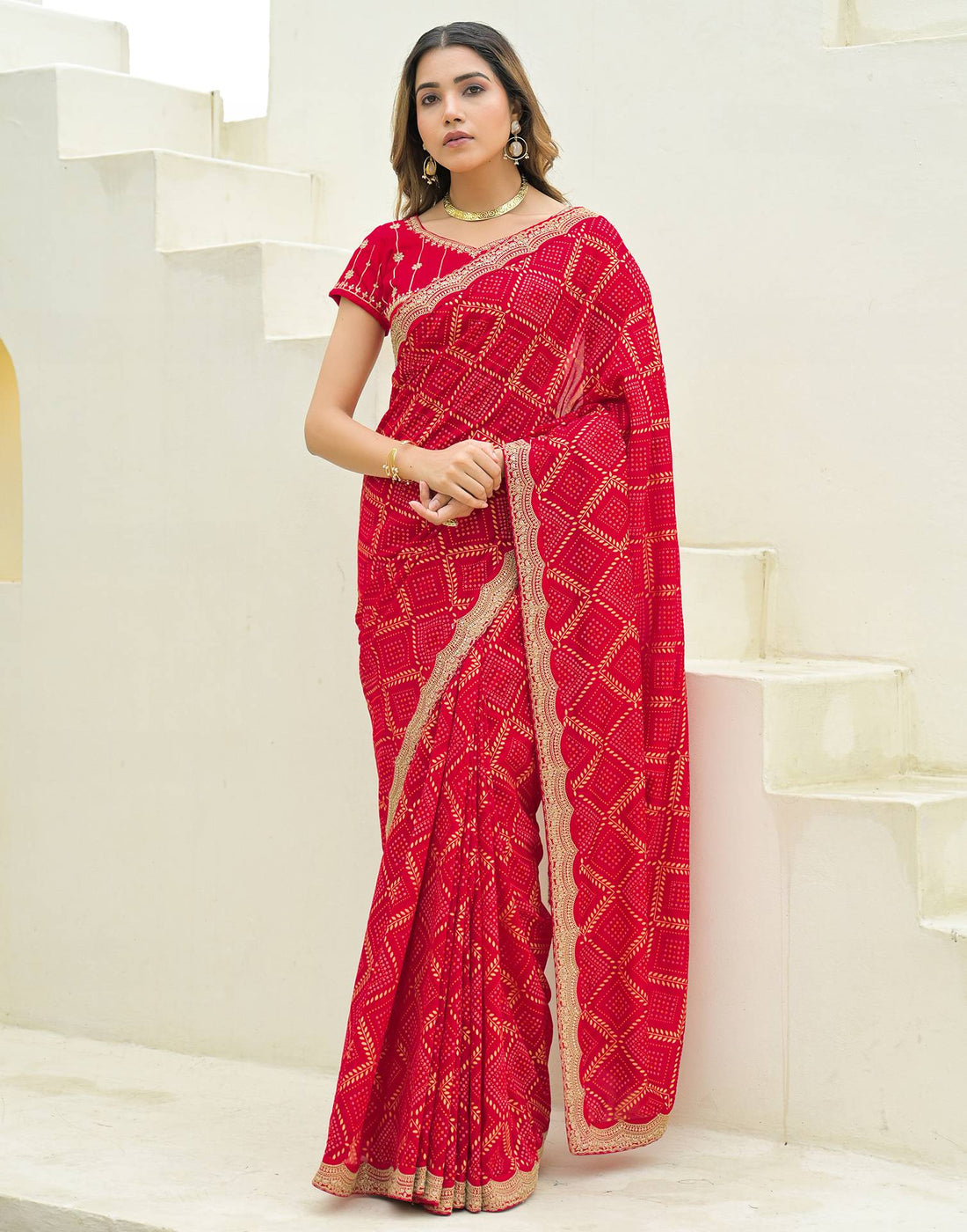 Red Silk Printed Bandhani Saree