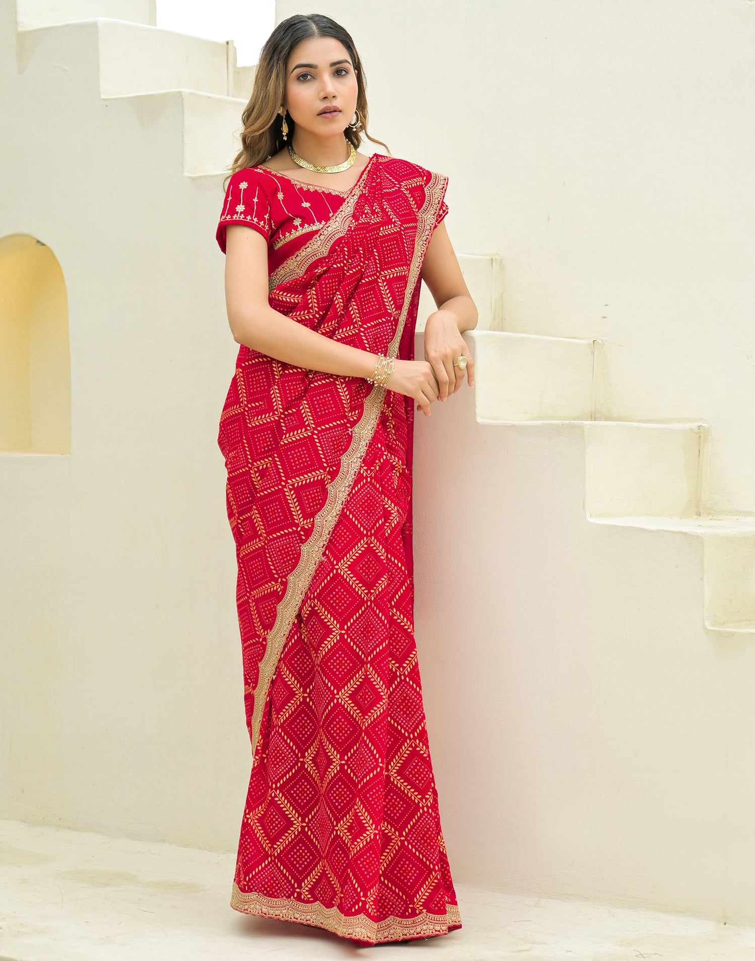 Red Silk Printed Bandhani Saree