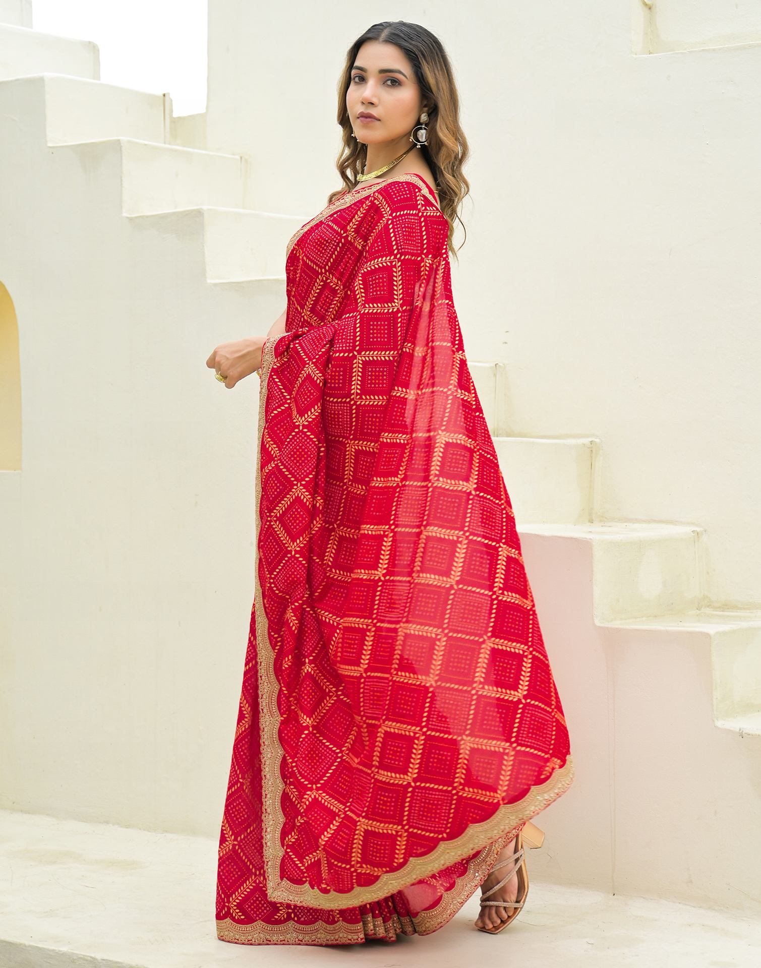 Red Silk Printed Bandhani Saree
