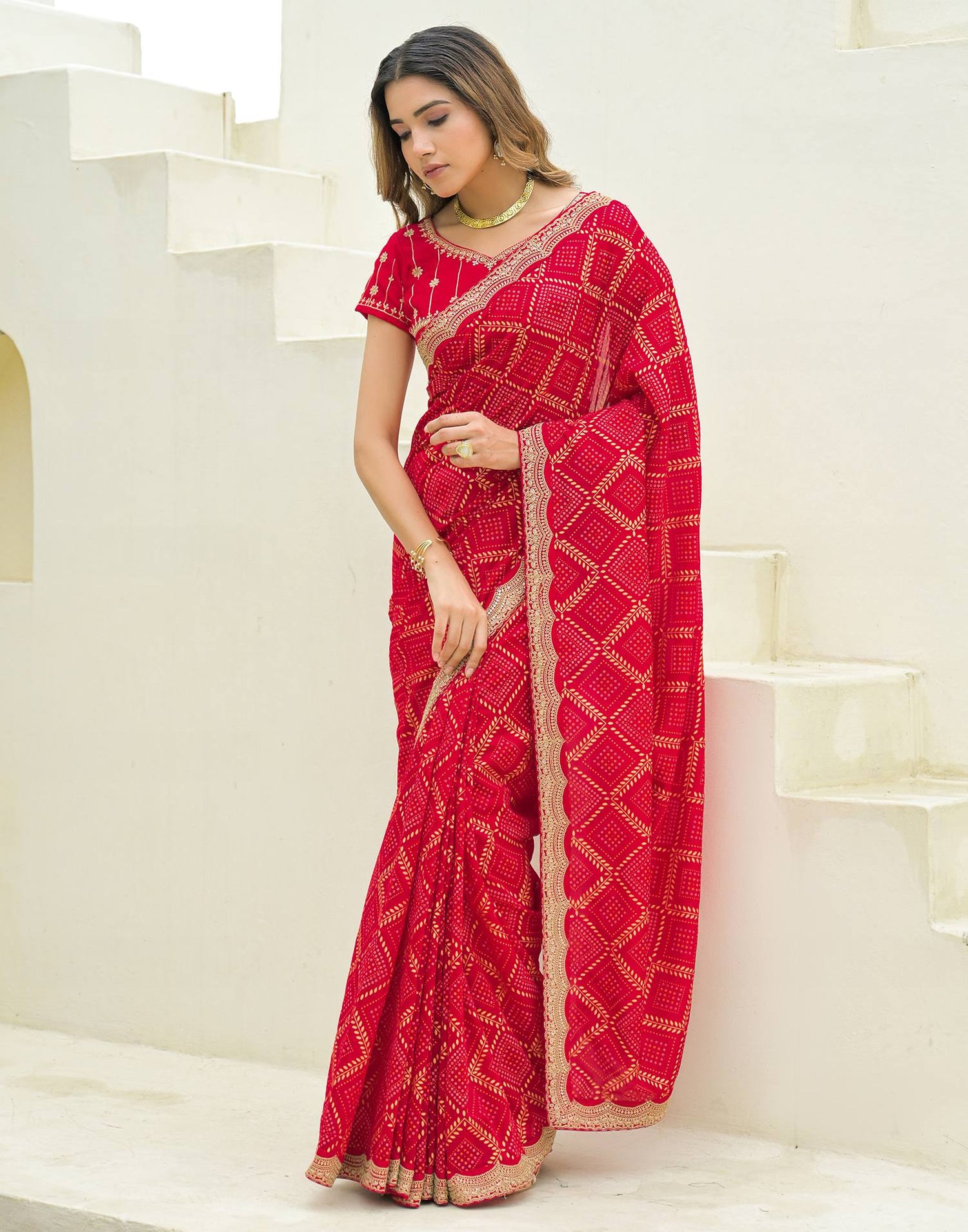 Red Silk Printed Bandhani Saree