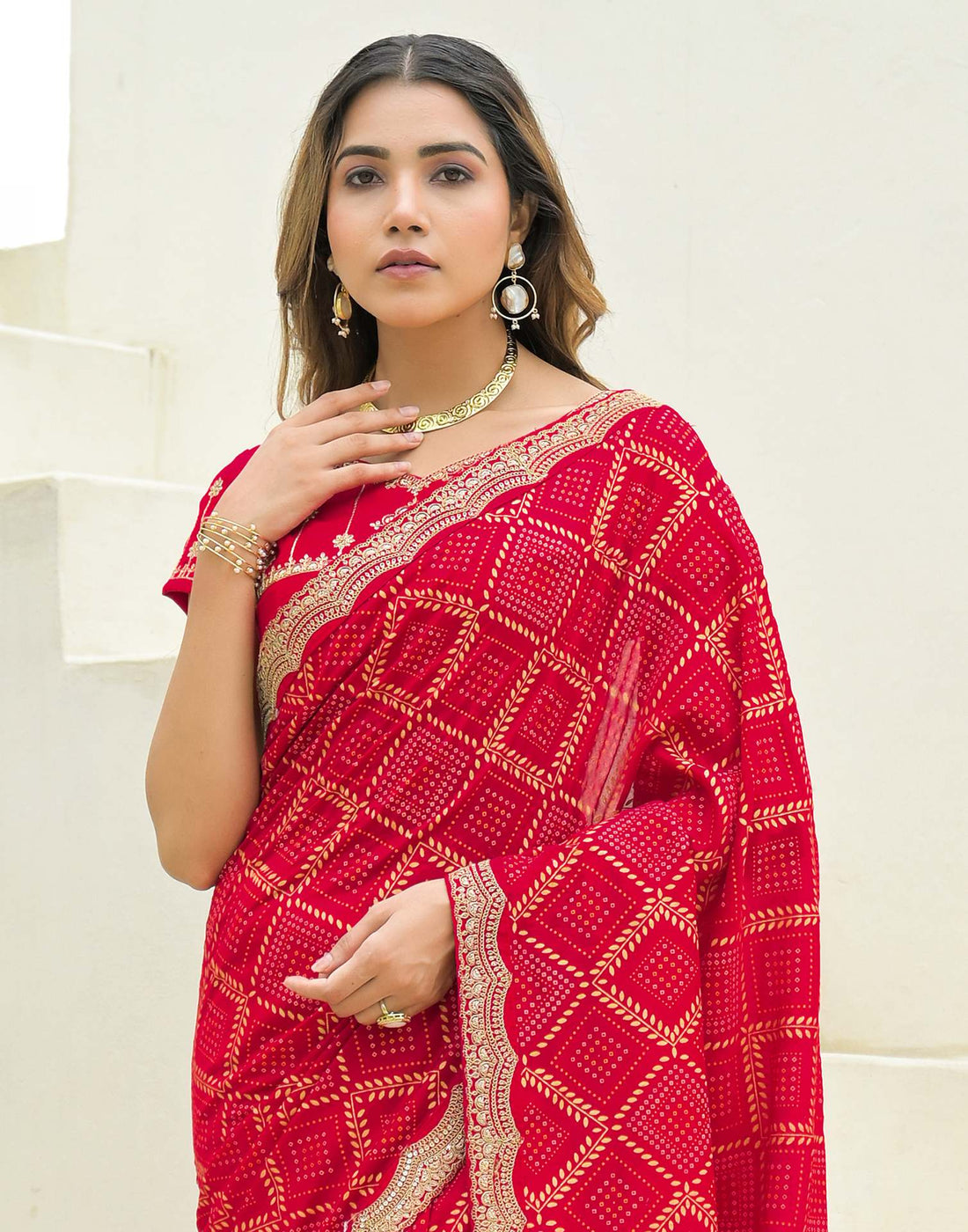 Red Silk Printed Bandhani Saree