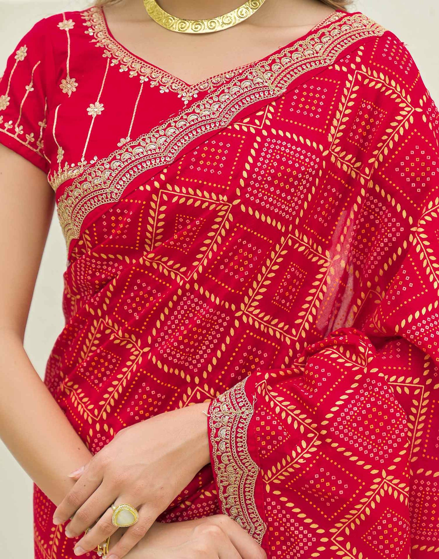 Red Silk Printed Bandhani Saree