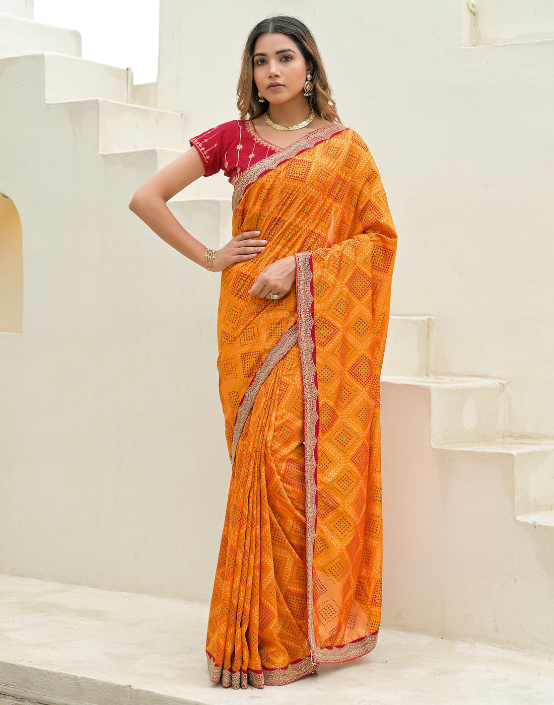 Yellow Silk Printed Bandhani Saree
