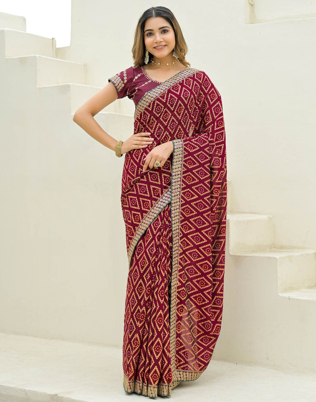 Maroon Silk Printed Bandhani Saree