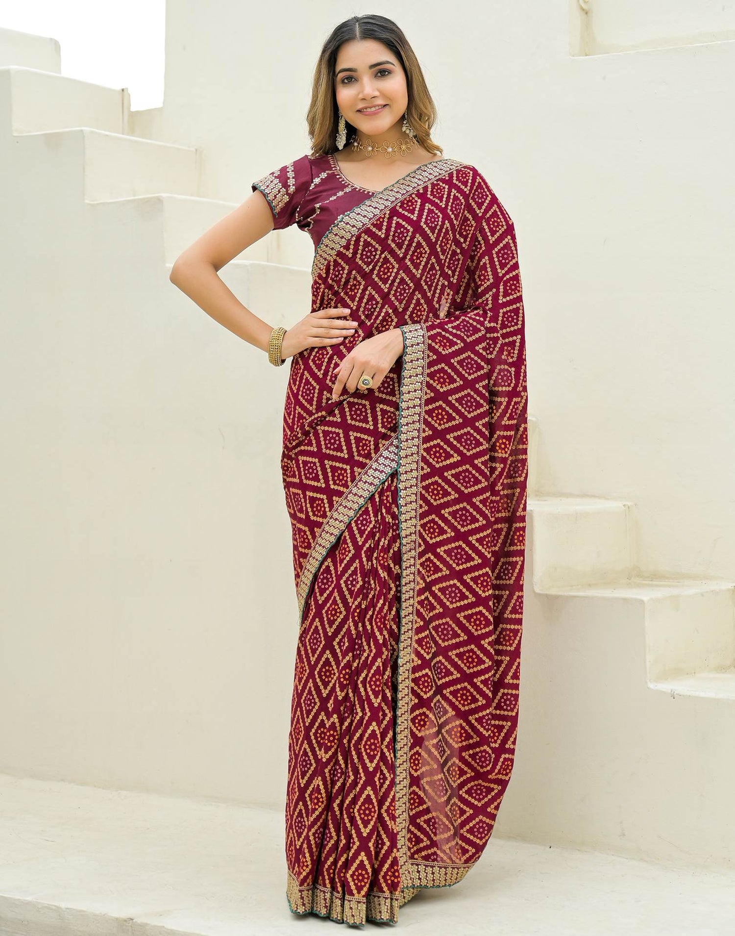 Maroon Silk Printed Bandhani Saree