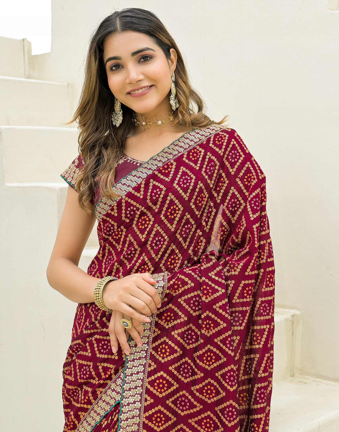 Maroon Silk Printed Bandhani Saree