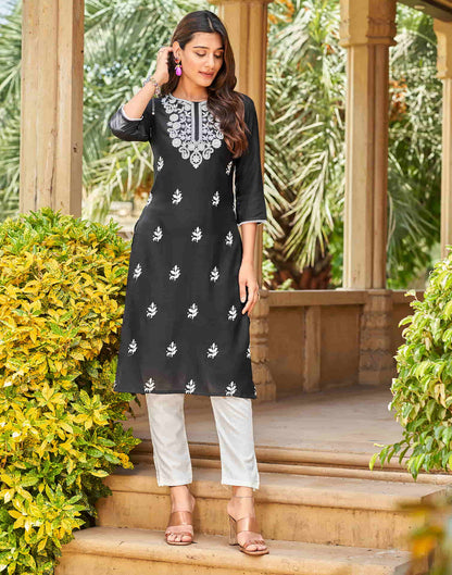 Black Chikankari Embroidery Rayon Straight Kurta