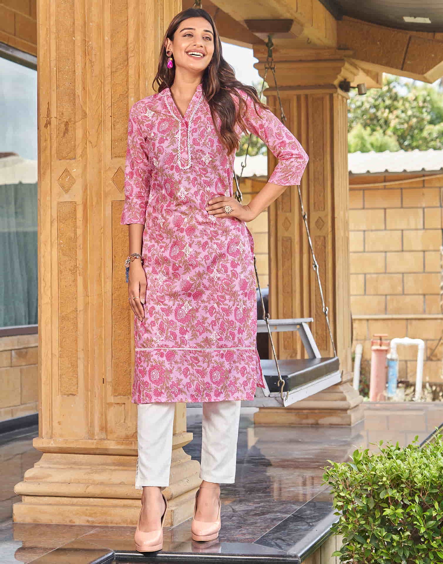 Pink Chikankari Embroidery Cotton Straight Kurta