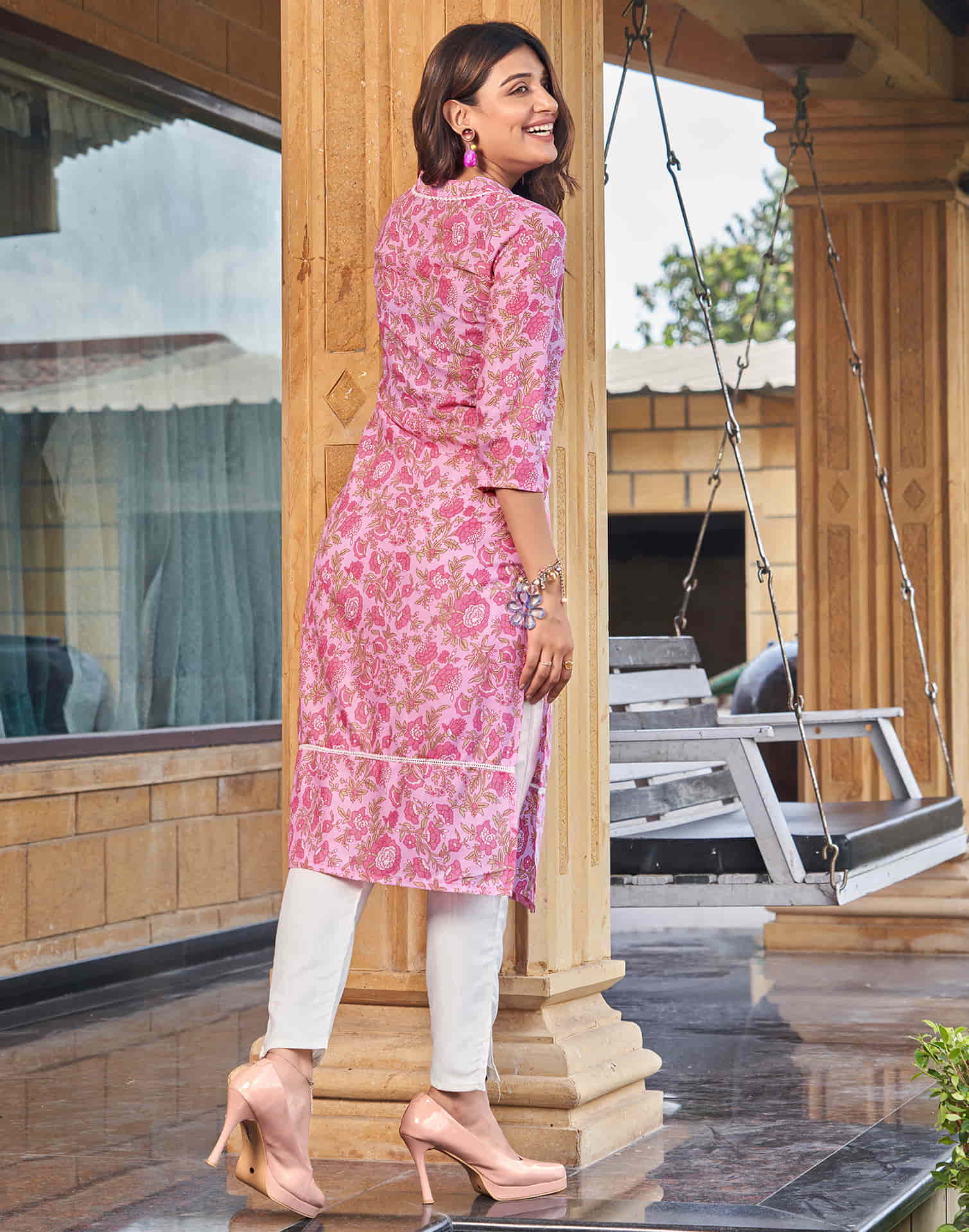 Pink Chikankari Embroidery Cotton Straight Kurta