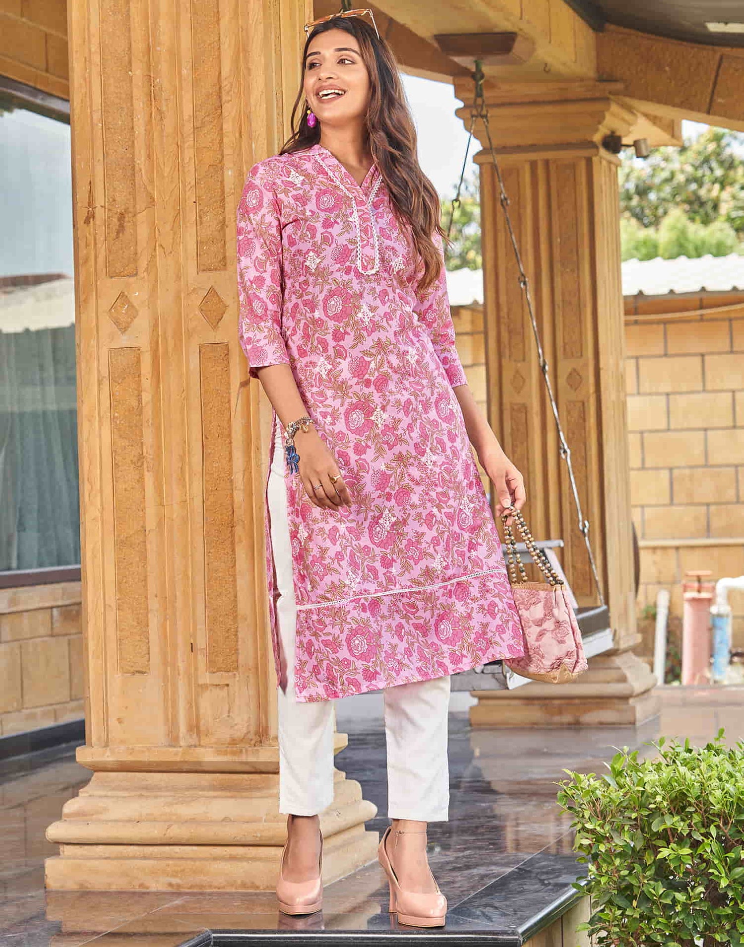 Pink Chikankari Embroidery Cotton Straight Kurta