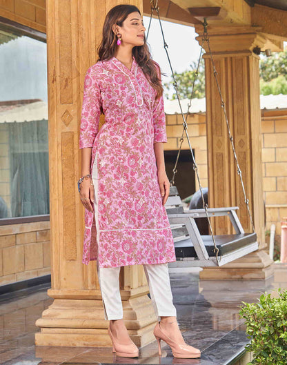 Pink Chikankari Embroidery Cotton Straight Kurta