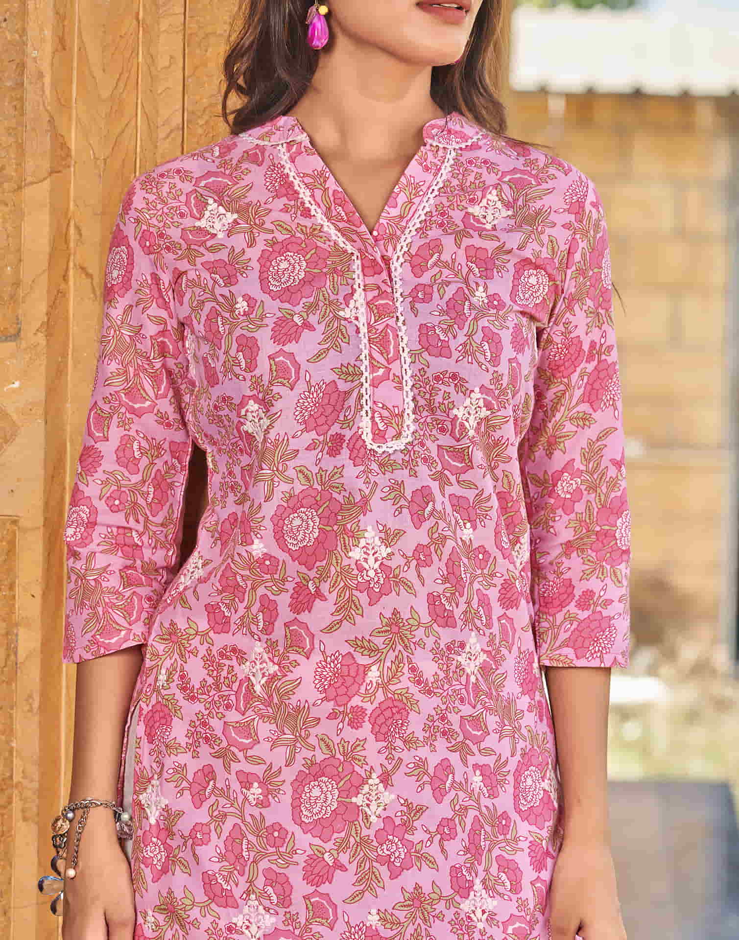 Pink Chikankari Embroidery Cotton Straight Kurta