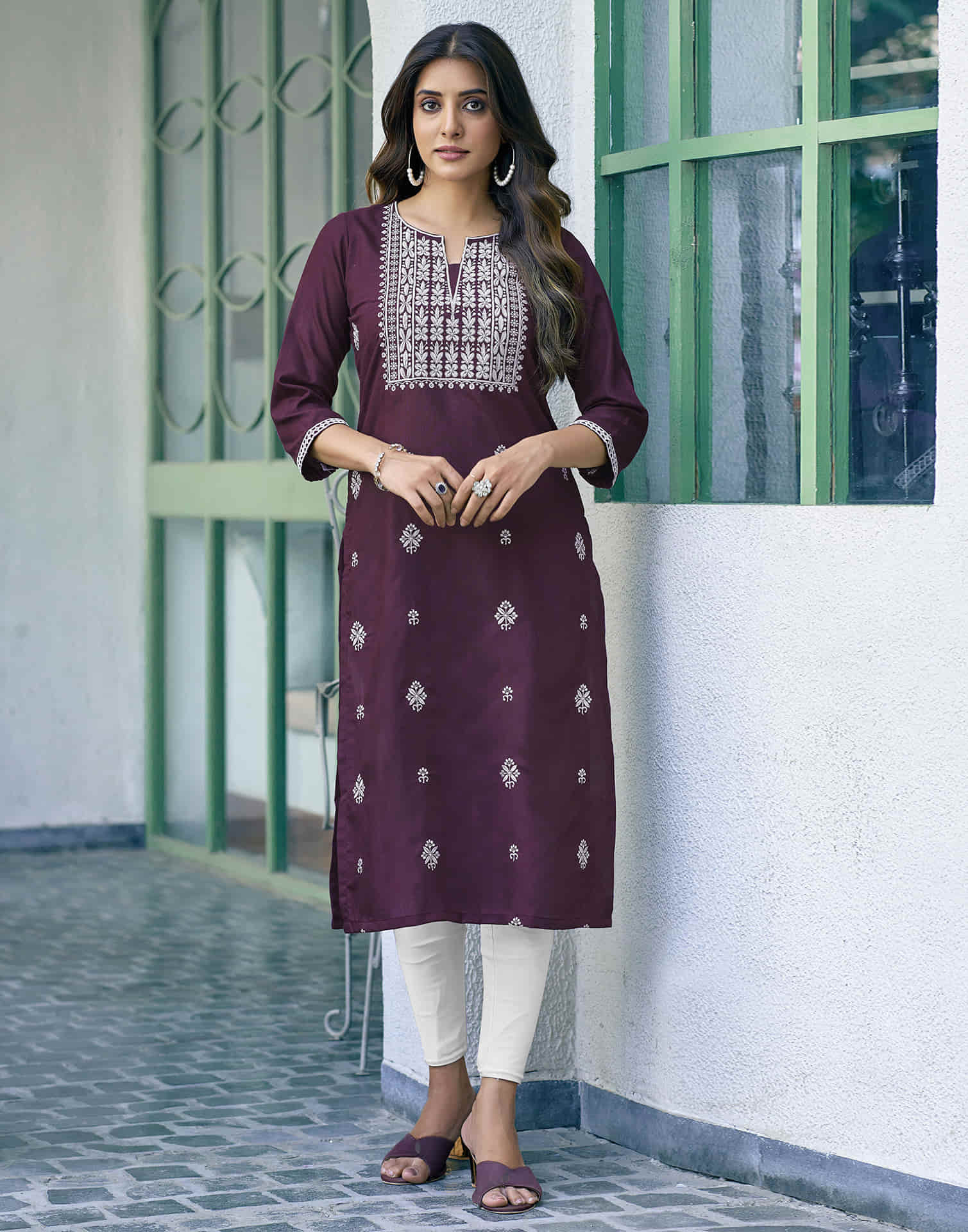 Wine Chikankari Embroidery Cotton Straight Kurta