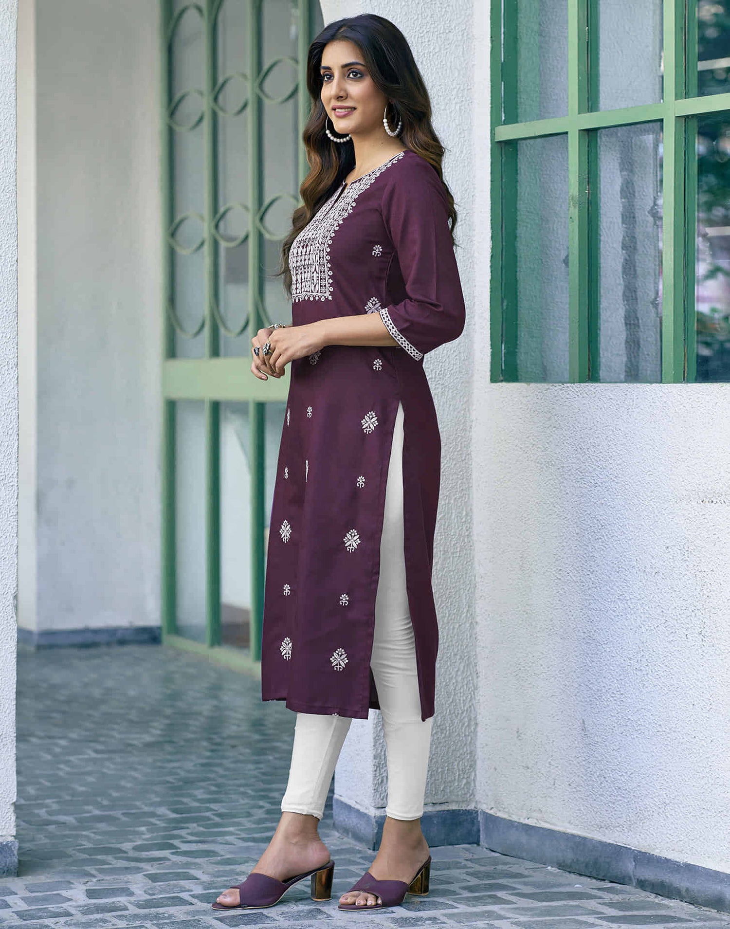 Wine Chikankari Embroidery Cotton Straight Kurta