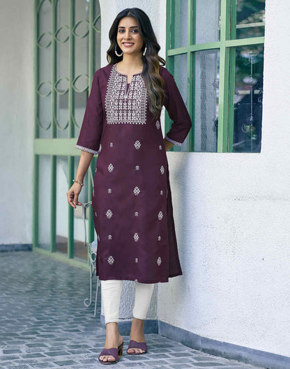 Wine Chikankari Embroidery Cotton Straight Kurta