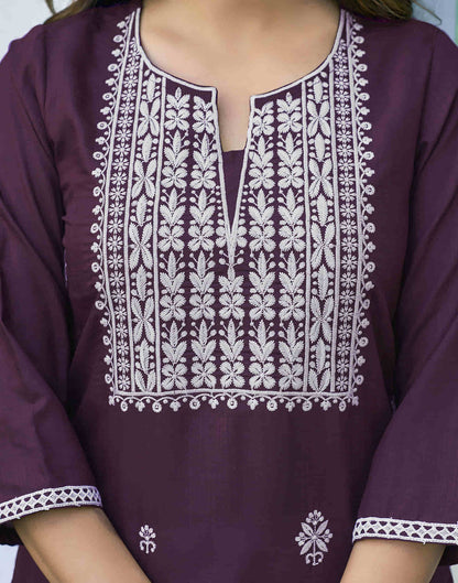 Wine Chikankari Embroidery Cotton Straight Kurta