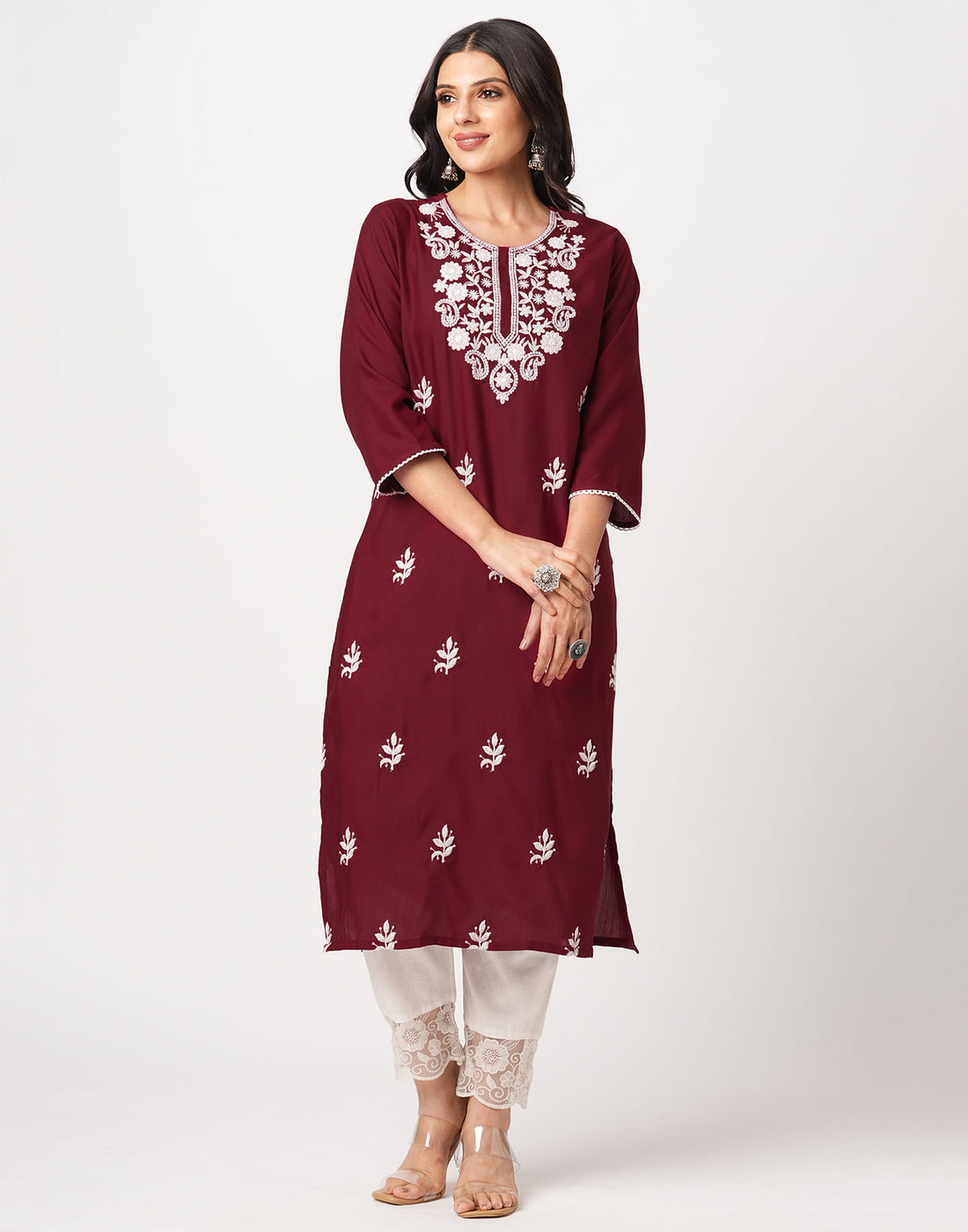 Maroon Cotton Embroidery Straight Kurti