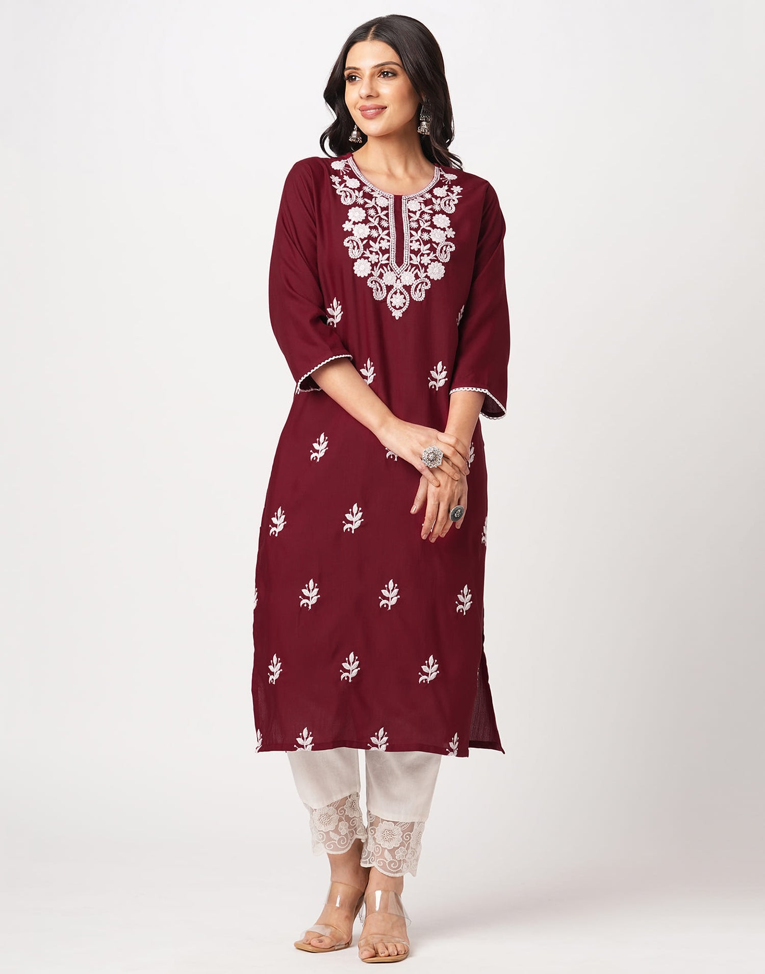 Maroon Cotton Embroidery Straight Kurti