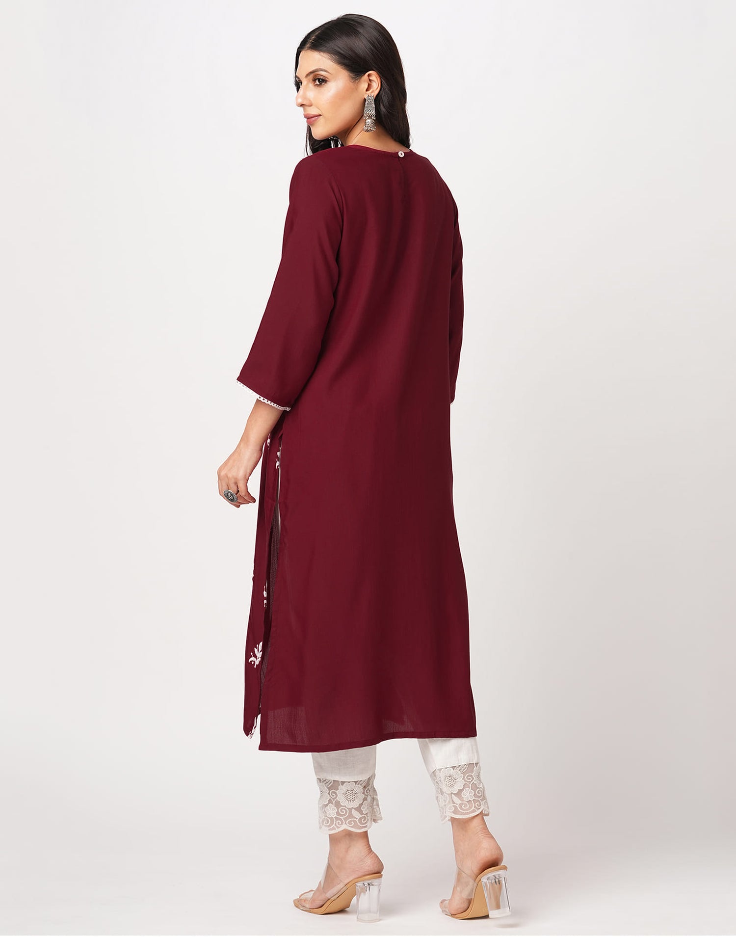 Maroon Cotton Embroidery Straight Kurti