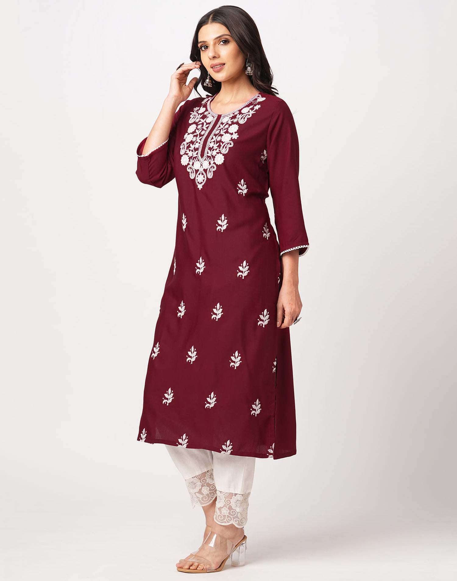 Maroon Cotton Embroidery Straight Kurti