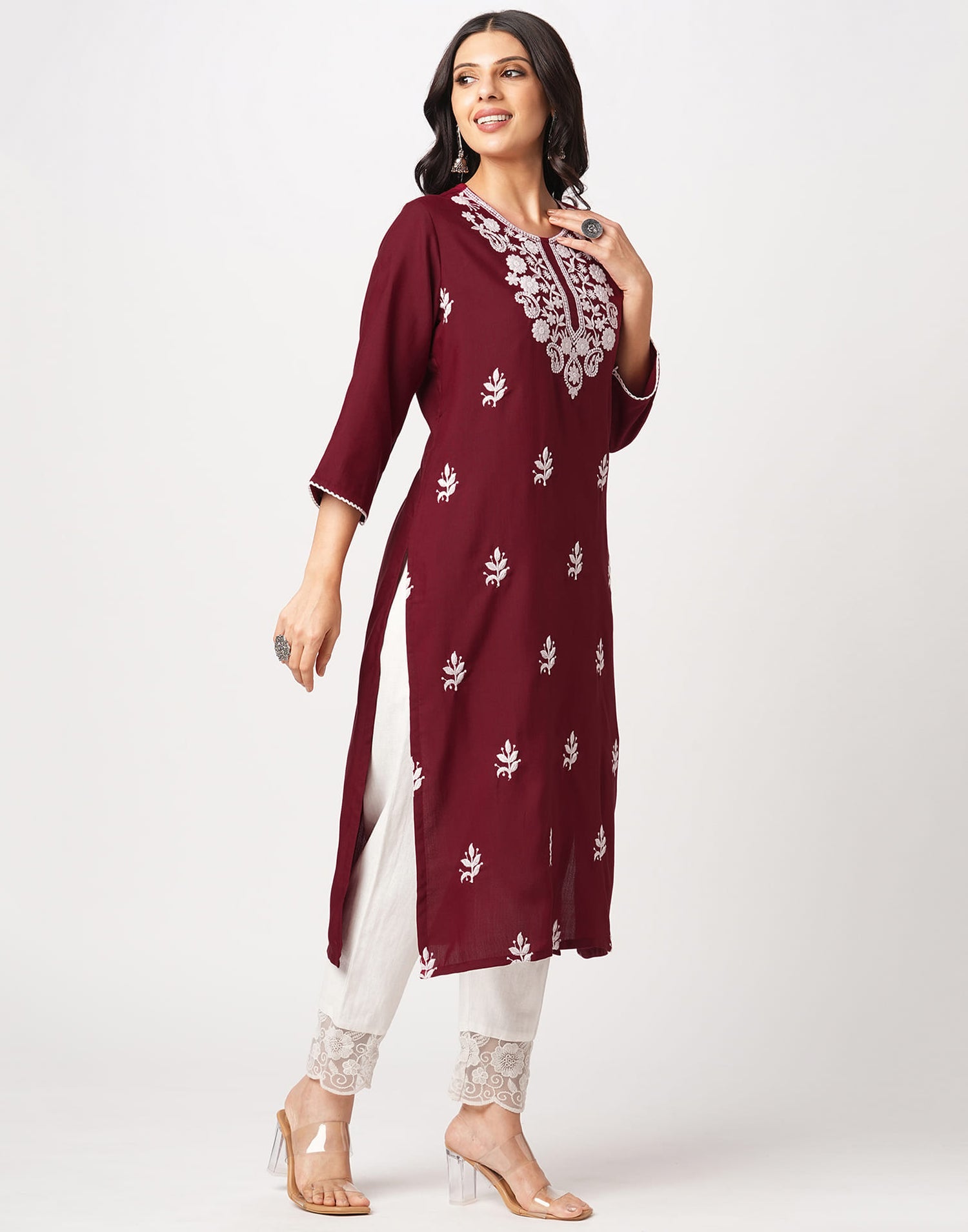 Maroon Cotton Embroidery Straight Kurti