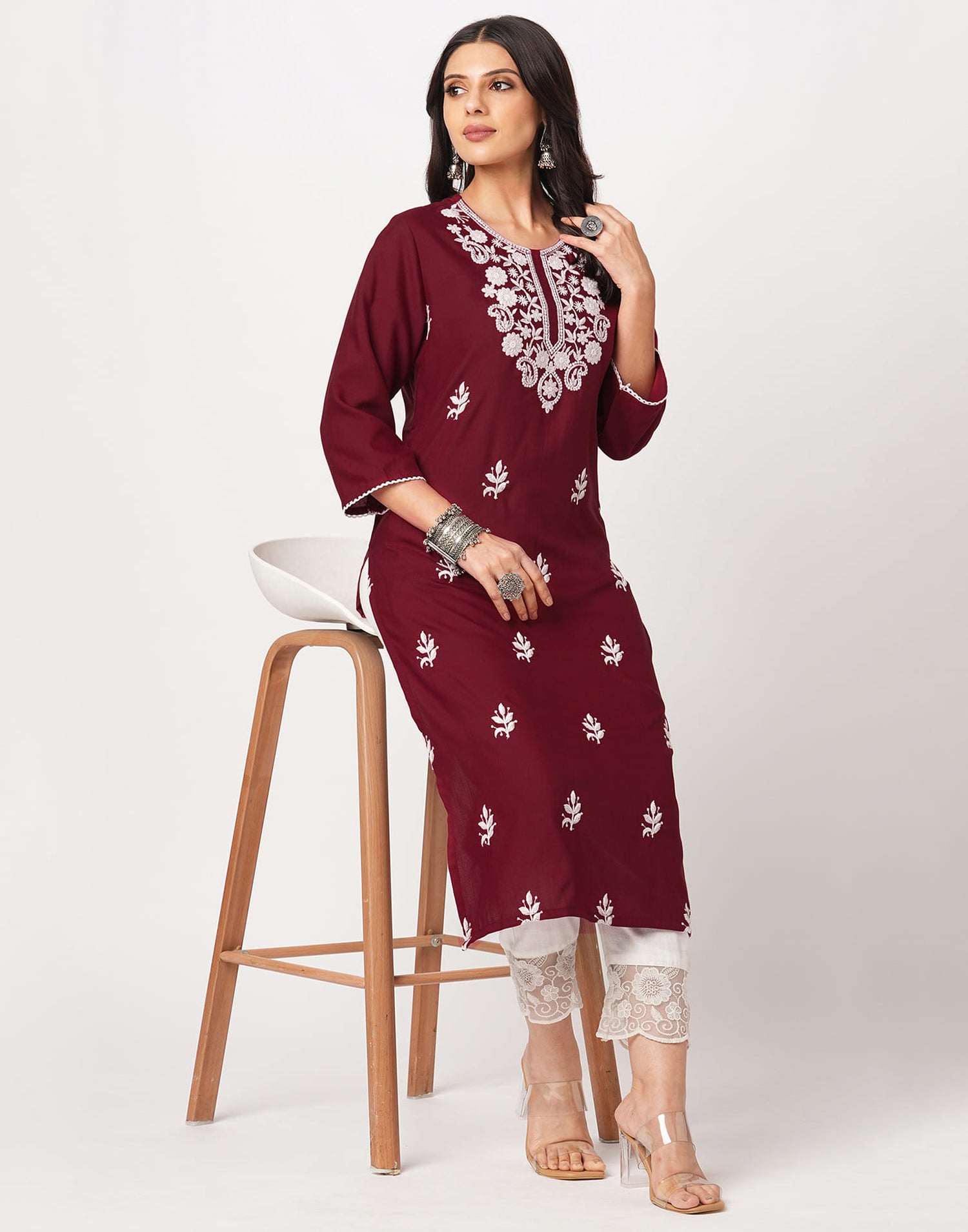 Maroon Cotton Embroidery Straight Kurti