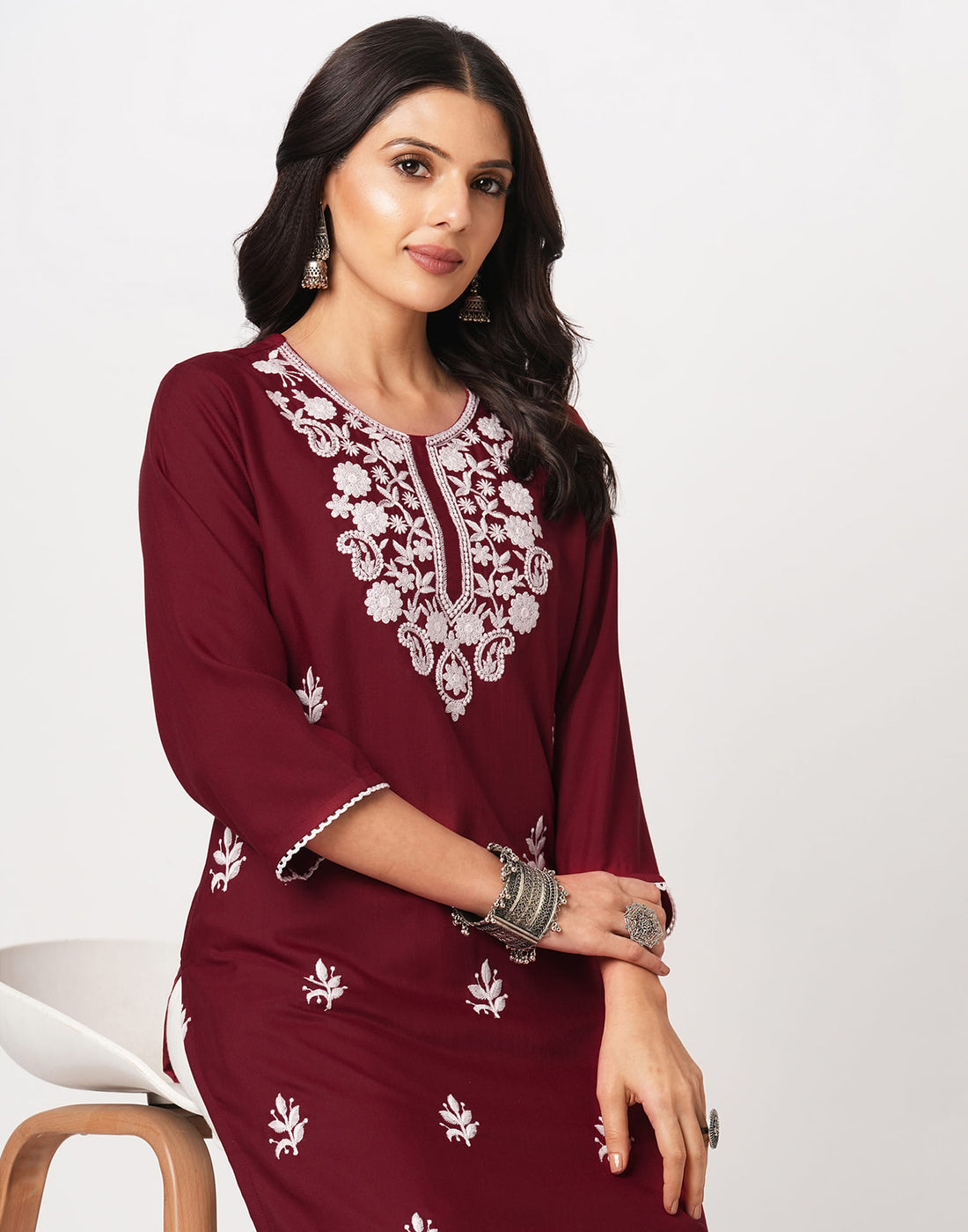 Maroon Cotton Embroidery Straight Kurti