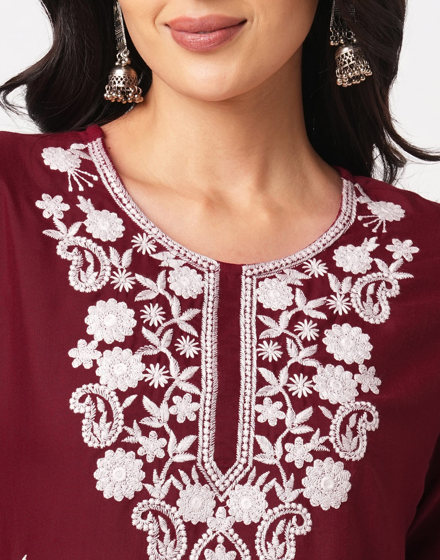Maroon Cotton Embroidery Straight Kurti