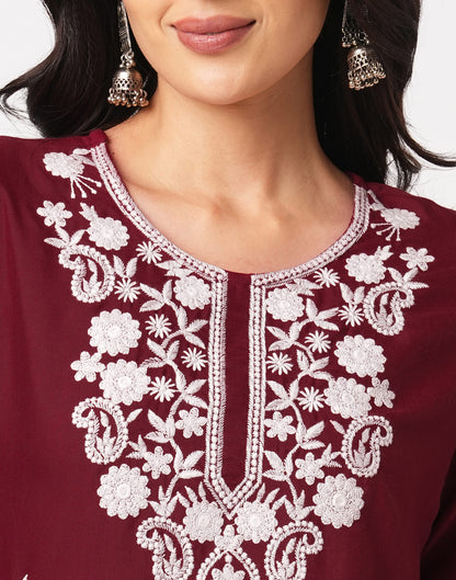 Maroon Cotton Embroidery Straight Kurti