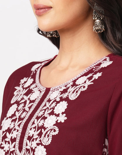 Maroon Cotton Embroidery Straight Kurti