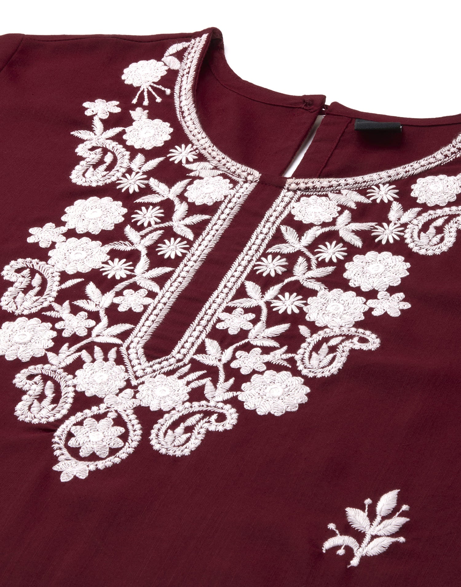 Maroon Cotton Embroidery Straight Kurti