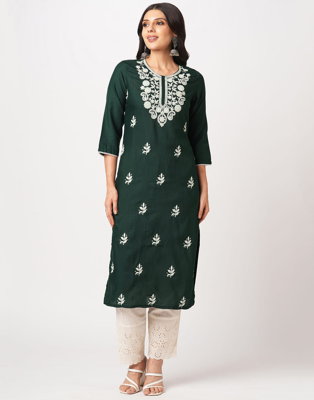 Green Cotton Embroidery Straight Kurti