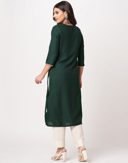Green Cotton Embroidery Straight Kurti