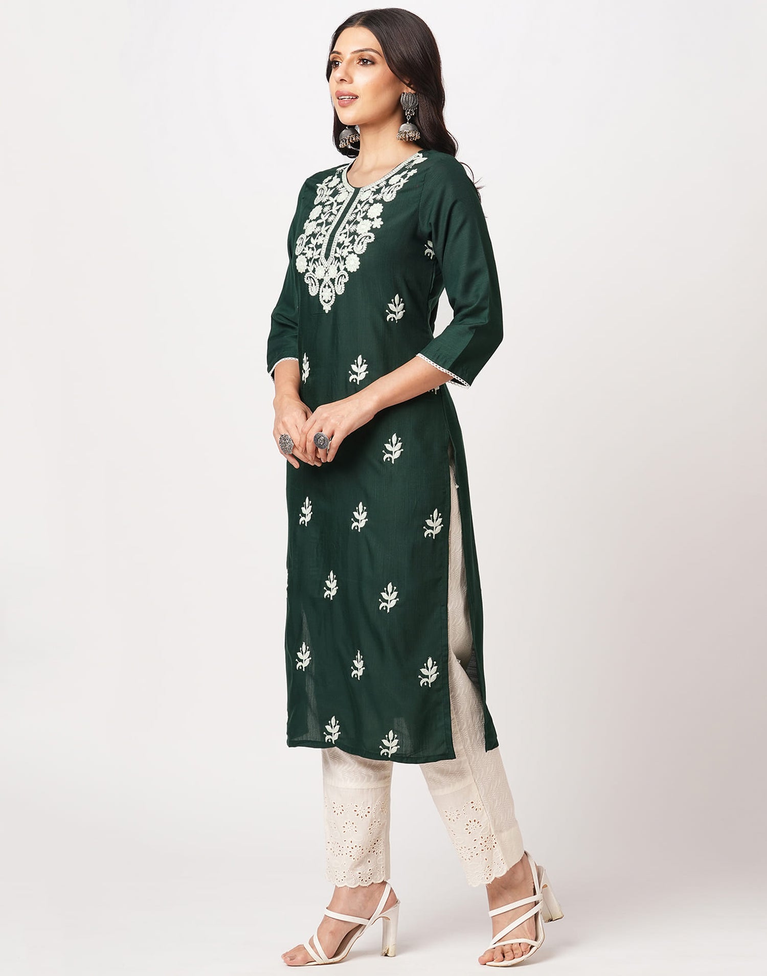 Green Cotton Embroidery Straight Kurti