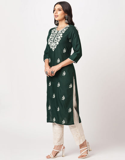 Green Cotton Embroidery Straight Kurti