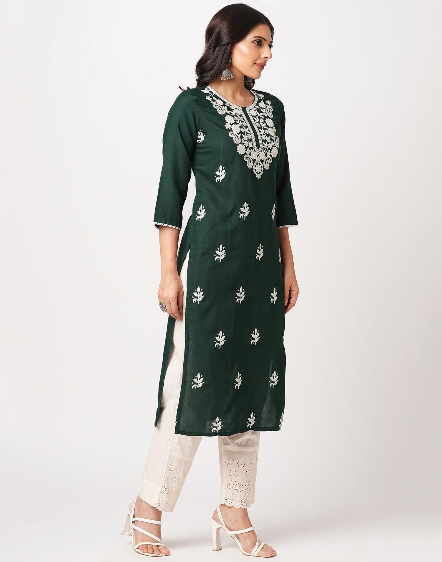 Green Cotton Embroidery Straight Kurti