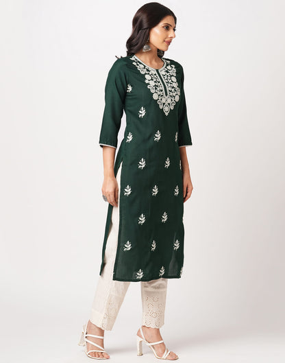 Green Cotton Embroidery Straight Kurti