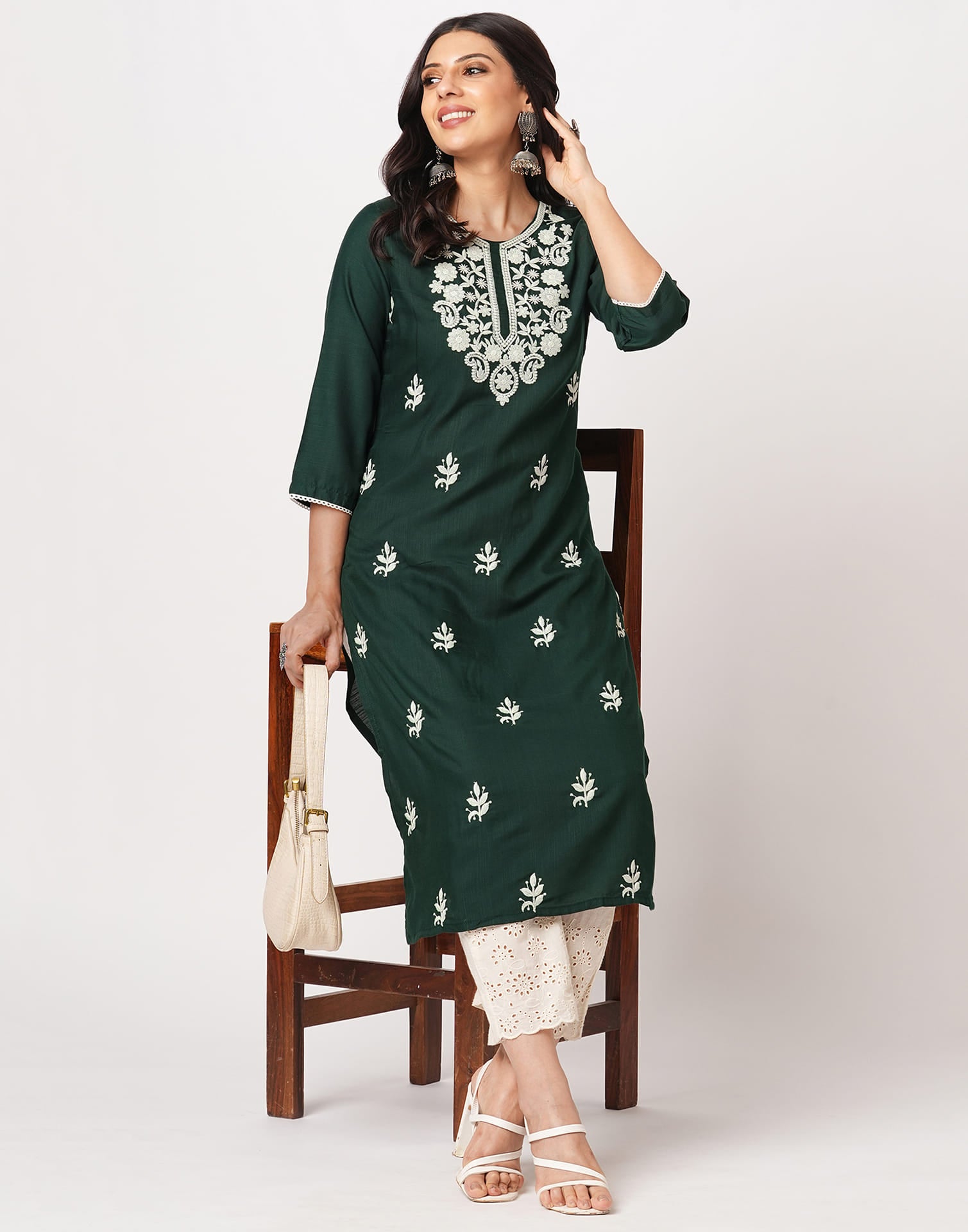 Green Cotton Embroidery Straight Kurti