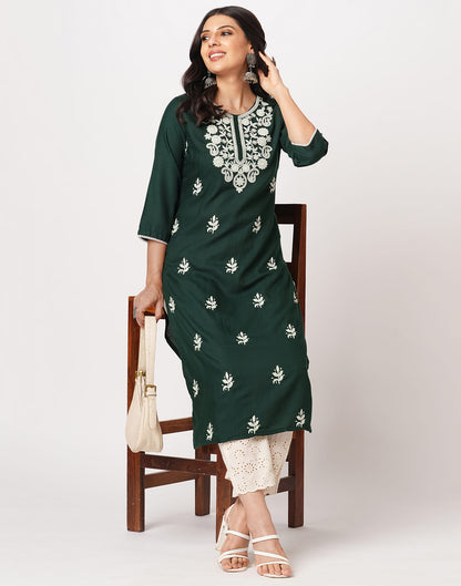Green Cotton Embroidery Straight Kurti